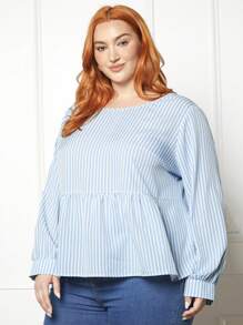 SHEIN CURVE+ Plus Striped Print Ruffle Hem Blouse - Blue - View 3