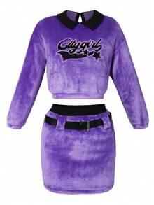 SHEIN Cô gái Tween Thêu Chữ Cổ áo tương phản Flannel Áo chui đầu & Váy - Màu tím  Violet - Xem 7