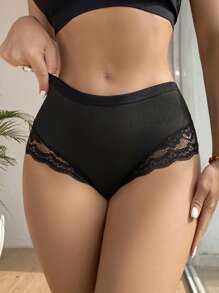 對比花邊肋紋針織女士內褲 - 黑色 - 查看 3