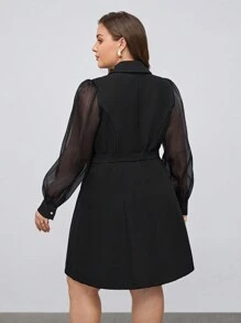 BizChic Damenanzug Jacke Und Kleid Mit Doppelreihigem Gürtel In Plus-größe, Schwarz Mit Mesh-einsatz Und Ballonärmel - Schwarz - Übersicht 2
