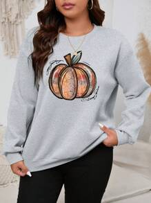 SHEIN EZwear Plus Pumpkin Print Drop Shoulder Sweatshirt - Grey - View 1
