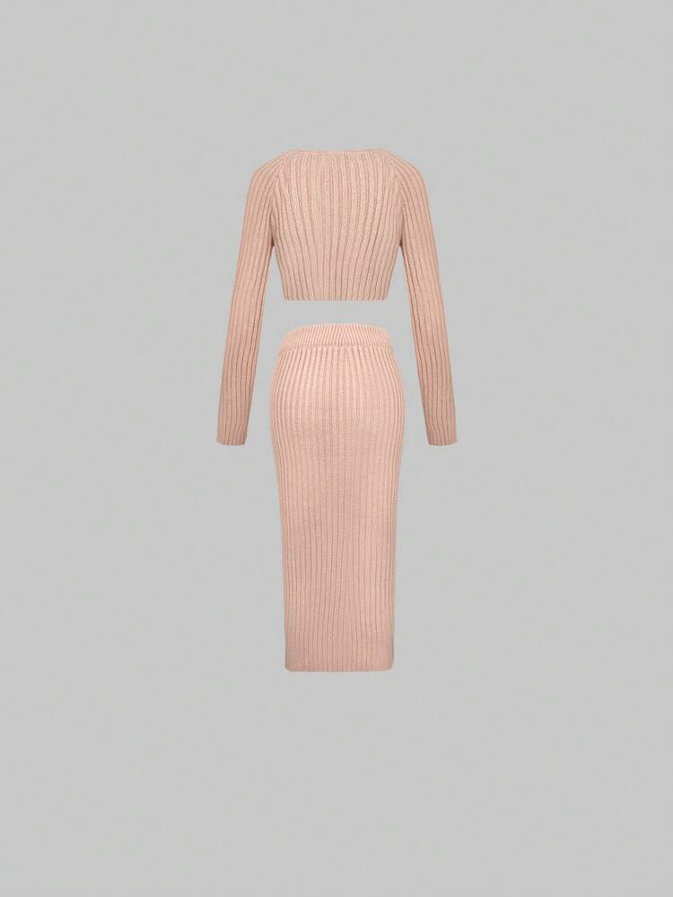 Solid Crop Sweater & Knit Skirt Fall Cloth For Women