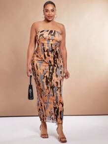 SHEIN BAE 大碼滿版印花抹胸上衣&半身裙 - 鏽棕色 - 查看 6