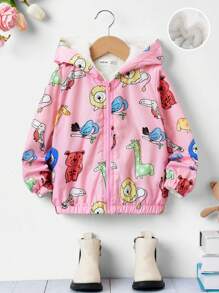 SHEIN 女小童卡通圖案毛絨內襯連帽夾克