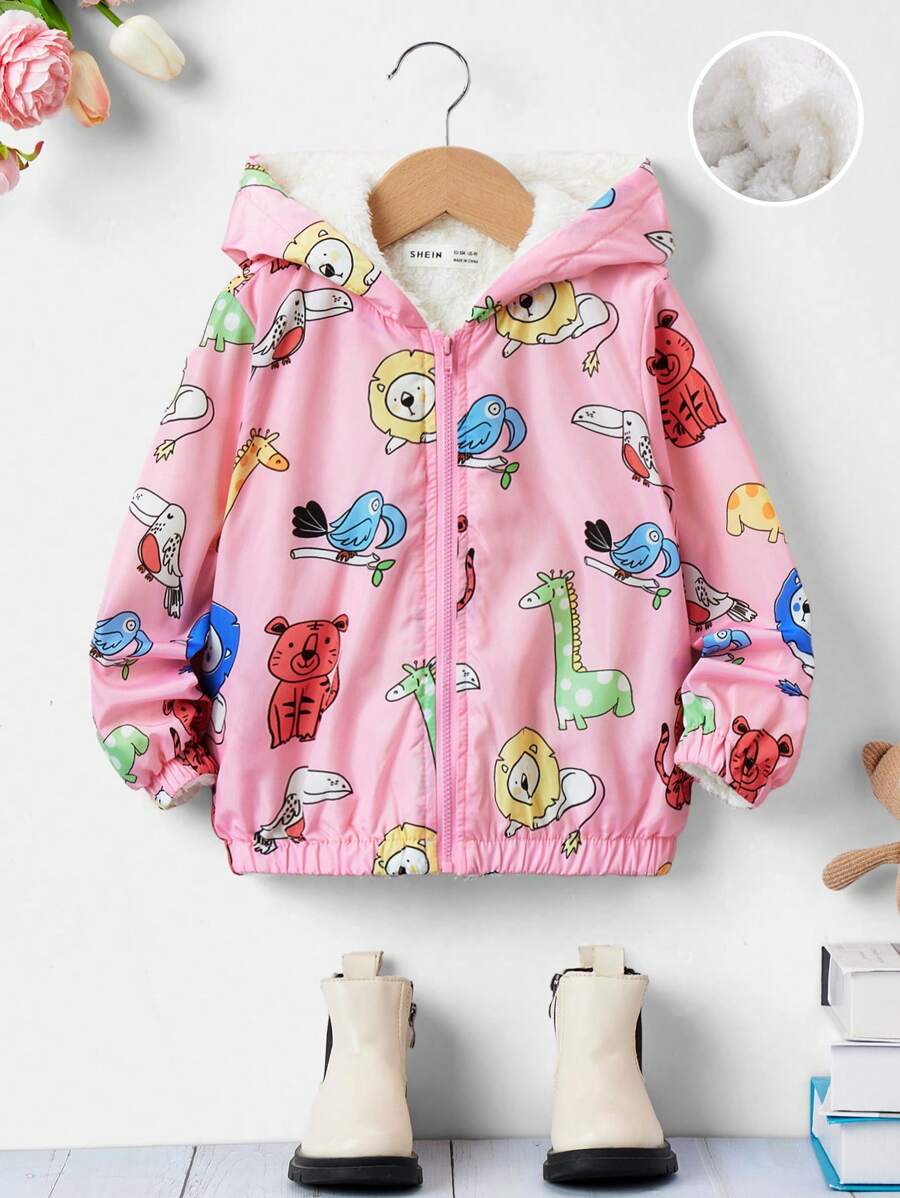 SHEIN 女小童卡通圖案毛絨內襯連帽夾克