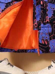 SHEIN 青少年男孩休闲印花连帽厚保暖宽松前开襟冬季外套派克大衣