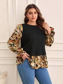 SHEIN Frenchy 大碼圖案印花荷葉袖假兩件襯衫 - 彩色 - 查看 5