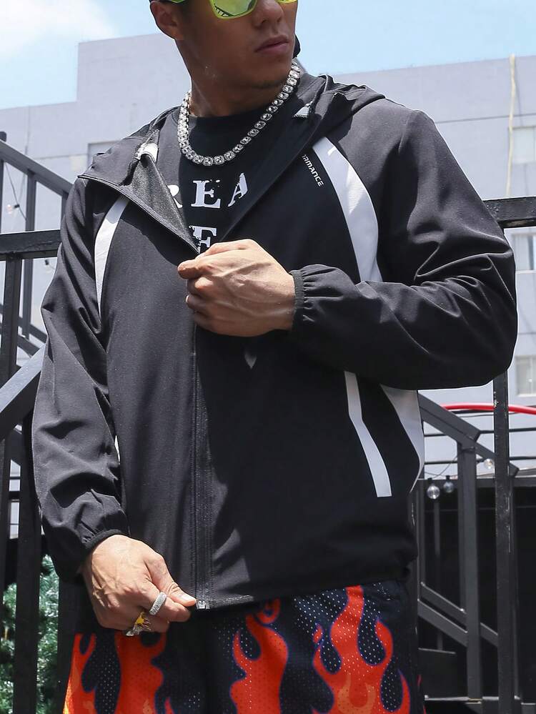 Men Colorblock Zip Up Hooded Sports Jacket Workout Tops