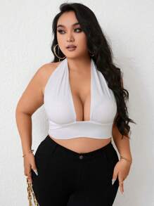 Celure Talla grande Top halter crop unicolor de espalda abierta - Blanco - Ver 5