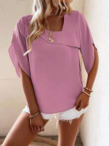 SHEIN LUNE Solid Asymmetrical Neck Petal Sleeve Blouse - Dusty Pink - View 5