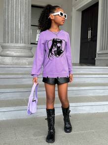 SHEIN Tween Girl Figure Pattern Raglan Sleeve Sweater