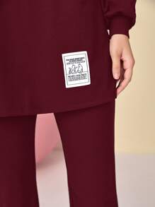 Mulvari Burgundy Red Mock Neck Drop Shoulder Patch Detail Top & Pants Set 2 Piece Set - Burgundy - View 3