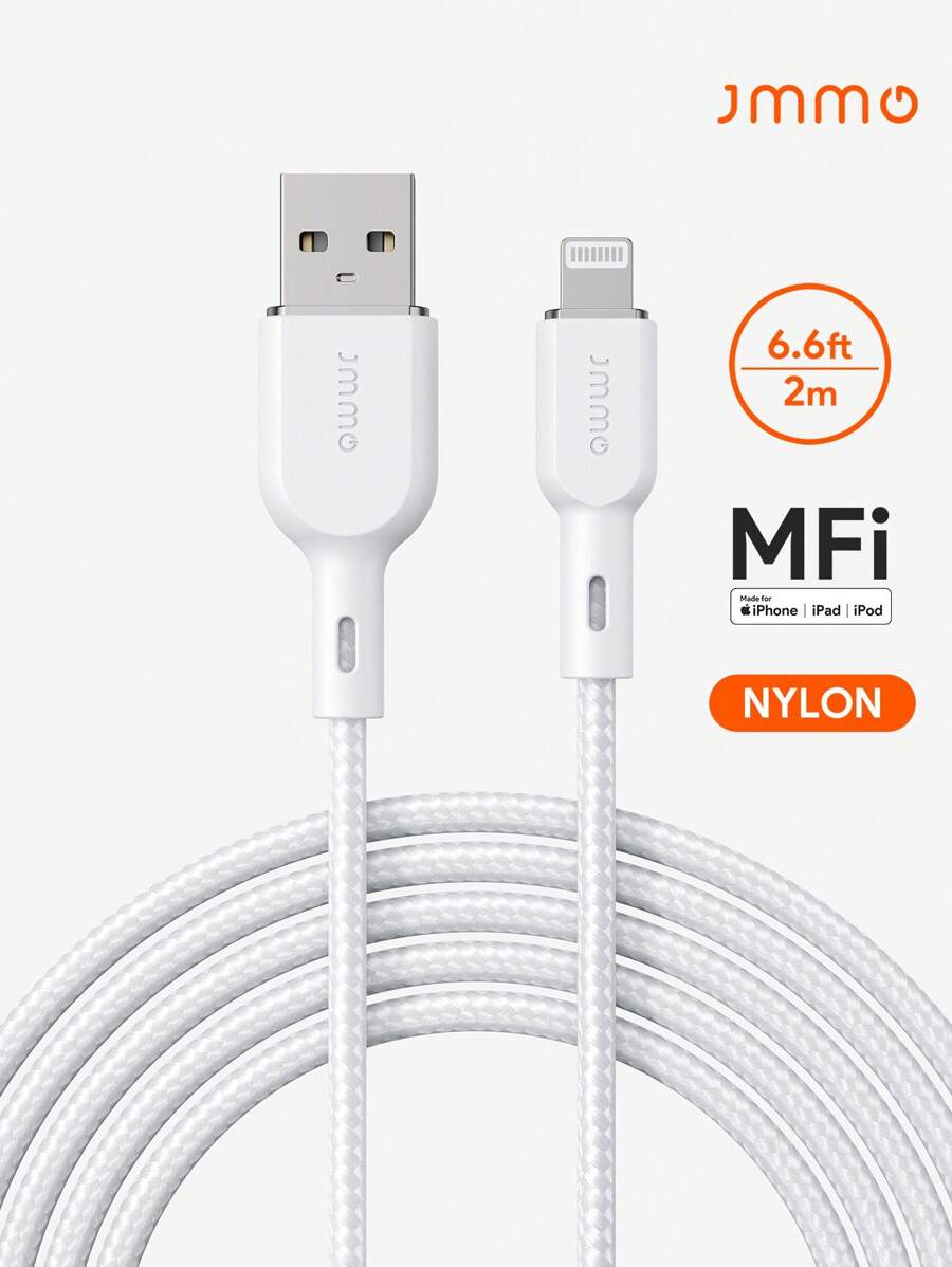 JMMO 1PC Nylon USB-A To Lightning Cable,Nylon Braided Cord Compatible With ,480Mbps Data Transfer 6.6FT/2M [ MFi Certified] - White - View 1