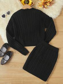 RueChic Tween Girl Cable Knit Drop Shoulder Sweater & Knit Skirt - Black - View 2