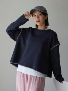 FRIFUL Top-Stitching Split Back Drop Shoulder Sweatshirt Without Tee,Fall Clothes - Navy Blue - View 5