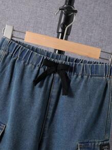 SHEIN Tween Boy Drawstring Waist Flap Pocket Cargo Jeans - Medium Wash - View 5
