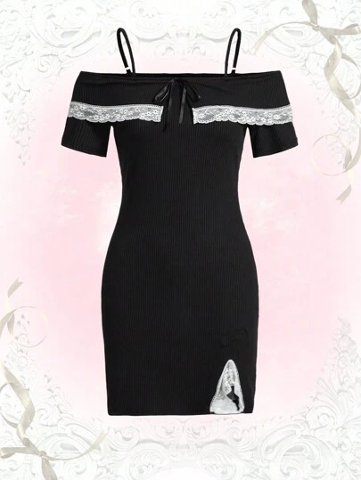 Sweetness Sweet Lace Patchwork Open Shoulder Bodycon Mini Dress
