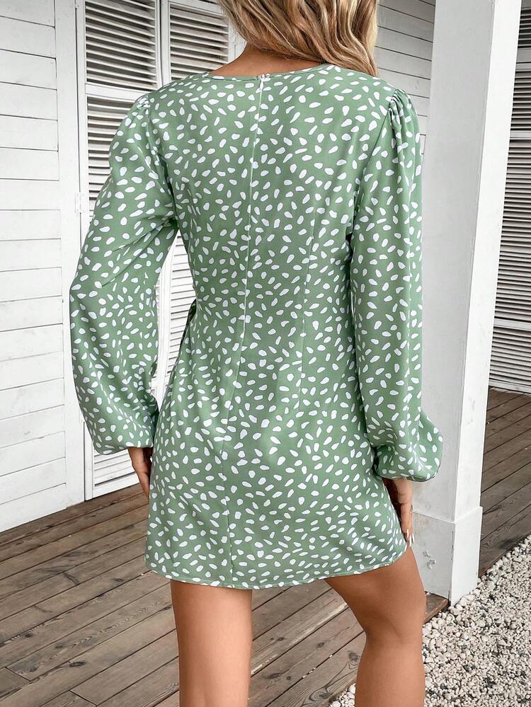 Dalmatian Print Lantern Sleeve Knot Side Wrap Dress Winter Casual