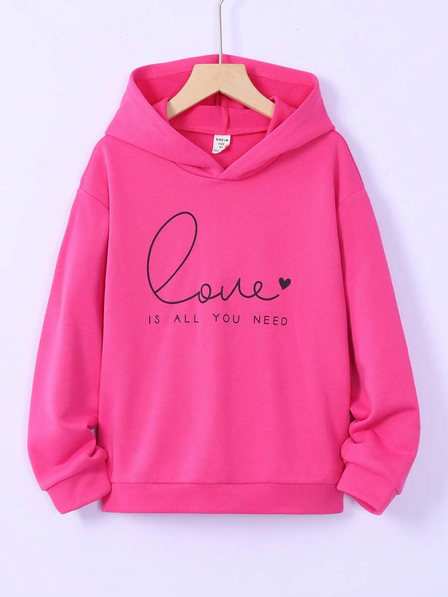 SHEIN Tween Girl Heart & Slogan Graphic Drop Shoulder Sweatshirt - Hot Pink - View 1