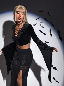 SHEIN ICON Lace lên phía trước tay áo lá sen Áo phông Crop - màu đen - Xem 5