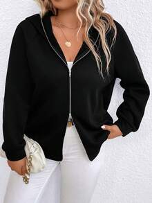 SHEIN Unity 加大码汽车字母图案插肩袖拉链卫衣 - 黑色 - 查看 4