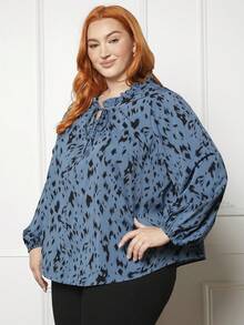 SHEIN CURVE+ Plus Allover Print Tied Neckline Lantern Sleeve Blouse - Blue - View 4