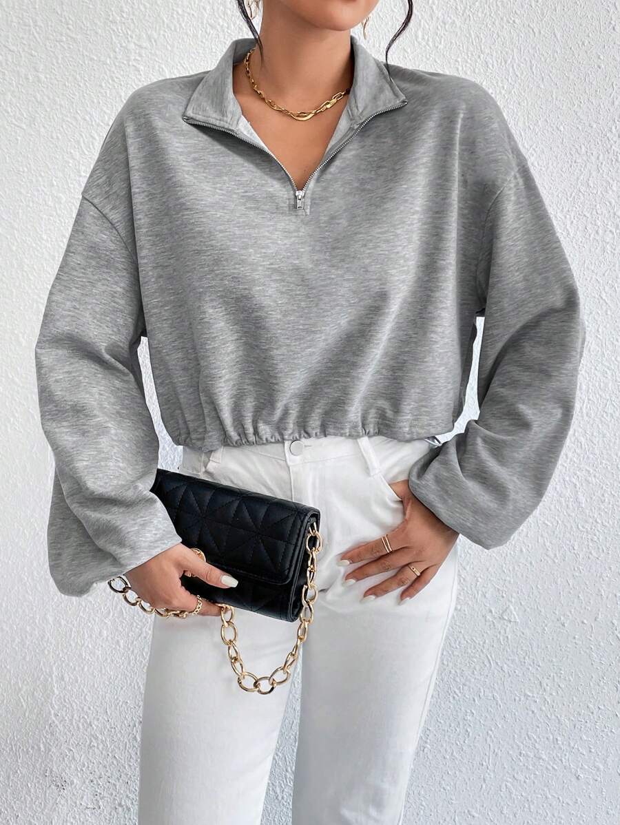 SHEIN Essnce Một nửa khóa kéo Thả vai Áo len crop - Xám - Xem 1