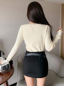 DAZY 蕾絲拼接條紋針織套頭毛衣 - 杏色 - 查看 2