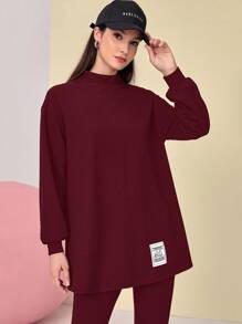 Mulvari Burgundy Red Mock Neck Drop Shoulder Patch Detail Top & Pants Set 2 Piece Set - Burgundy - View 5