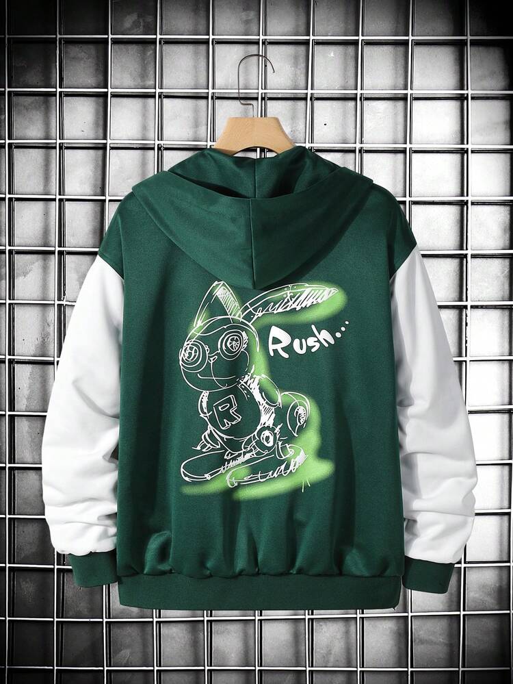 Men Cartoon Graphic Colorblock Drop Shoulder Hooded Oversize Jacket