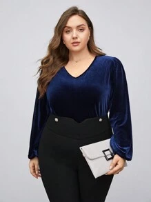 BizChic Plus V Neck Lantern Sleeve Velvet Tee - Navy Blue - View 5