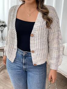 Flirla 大碼段染落肩袖麻花編織開襟衫 - 彩色 - 查看 6