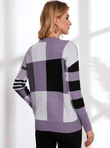 EMERY ROSE Cut And Sew Drop Shoulder Sweater,Long Sleeve Tops Knit Pullover Fall Winter Sweater - Mauve Purple - View 2