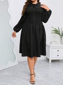 SHEIN Clasi Plus Solid Button Front Shirred Shirt Dress