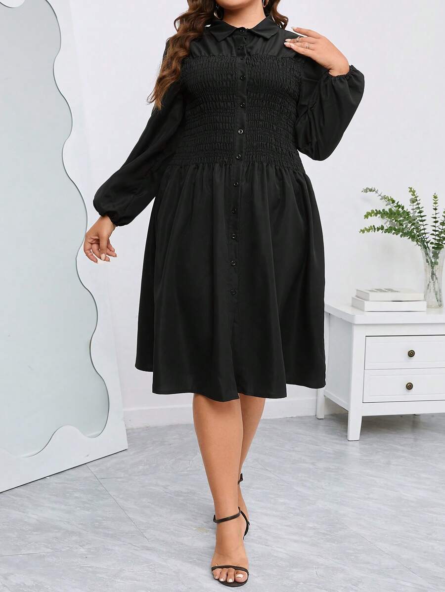 SHEIN Clasi Plus Solid Button Front Shirred Shirt Dress