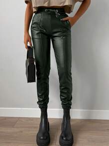 EURMUSE Solid High Waist Tie Front Slant Pocket Pants - Dark Green - View 1