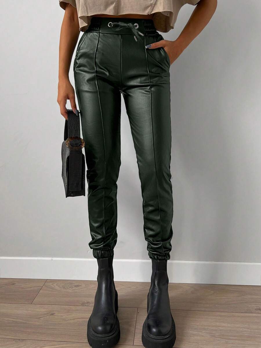 EURMUSE Solid High Waist Tie Front Slant Pocket Pants - Dark Green - View 1