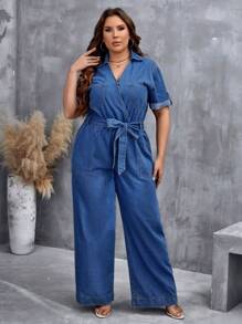 SHEIN LUNE 大碼補丁貼口袋腰帶牛仔連身褲