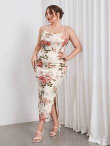 SHEIN Privé Plus Floral Print Crisscross Backless Cami Bodycon Dress - Beige - View 3