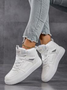 Women's Casual Sneakers, Lace-Up Soft Sole Flat Comfortable Skateboard Shoes, Lightweight High-Top Everyday Shoes, Autumn/Winter - White - View 2