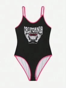 Flirla Hơn Đồ họa Chữ cái Tương phản ràng buộc Áo liền quần dây treo - màu đen - Xem 3