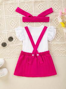 SHEIN Baby Girl Ruffle Trim Tee & Overall Dress & Headband - Hot Pink - View 2