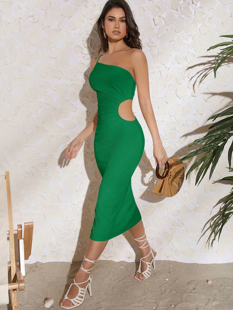 SHEIN VCAY One Shoulder Cut Out Waist Ruched Side Bodycon Dress - Dark Green - View 1