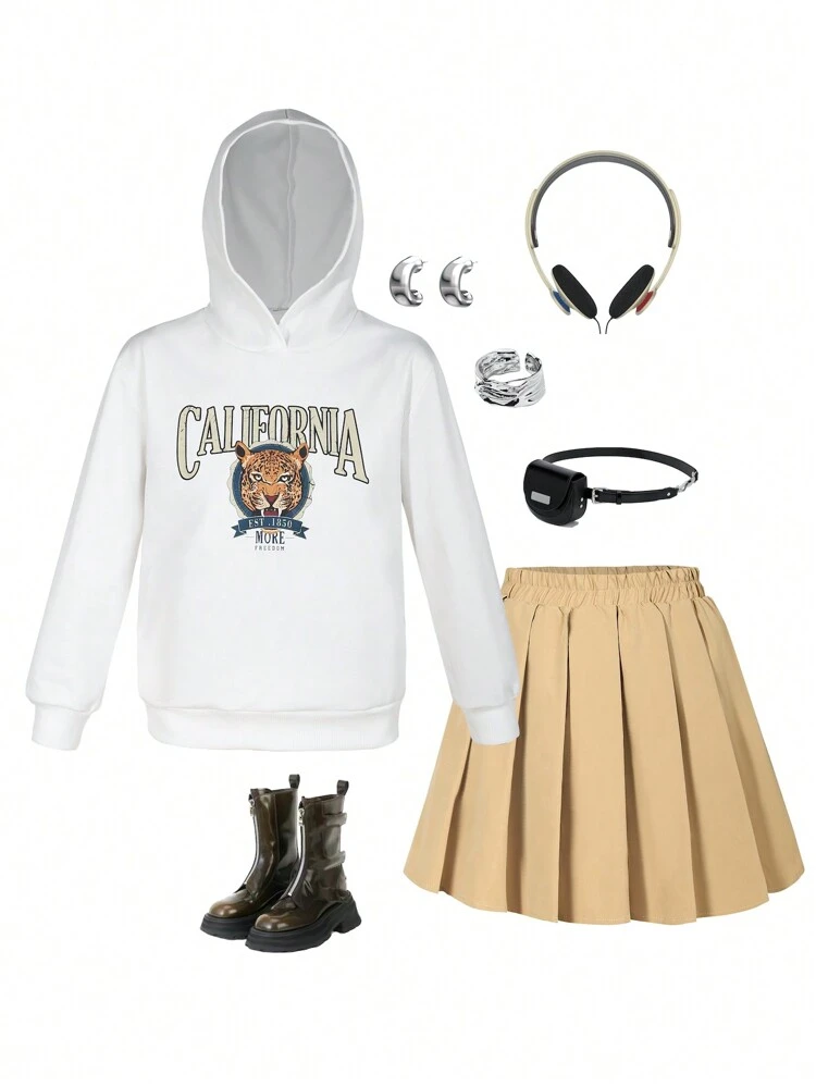 Teen Girl Letter Graphic Hoodie & Pleated Skirt
