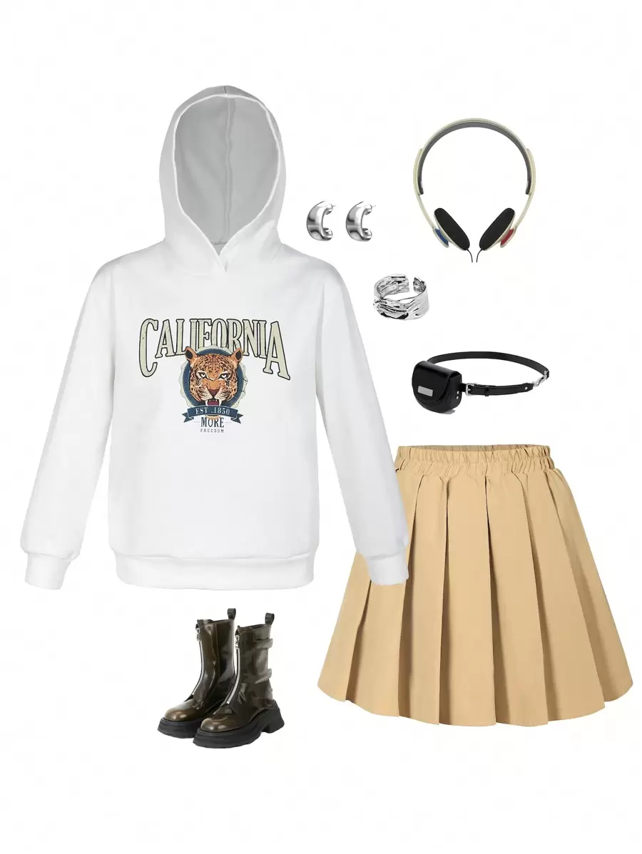 Teen Girl Letter Graphic Hoodie & Pleated Skirt - Multicolor - View 1
