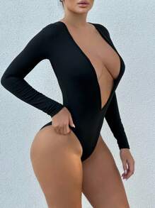 Zolique Plunging Neck Slim Fit Bodysuit Fall Cloth For Women - Black - View 5