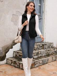 Women's Casual Basic Teddy Fur Sleeveless Jacket Vest, Autumn/Winter - Black - View 4