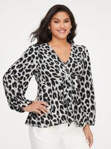 SHEIN Privé 大碼豹紋印花燈籠袖前打結荷葉邊下擺襯衫 - 灰色 - 查看 1