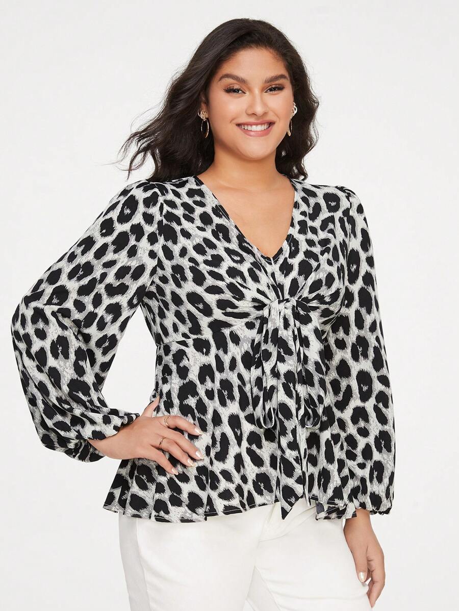 SHEIN Privé 大碼豹紋印花燈籠袖前打結荷葉邊下擺襯衫 - 灰色 - 查看 1