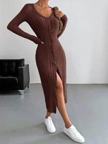 SHEIN EZwear Button Through Ribbed Knit Bodycon Dress - Coffee Brown - View 7